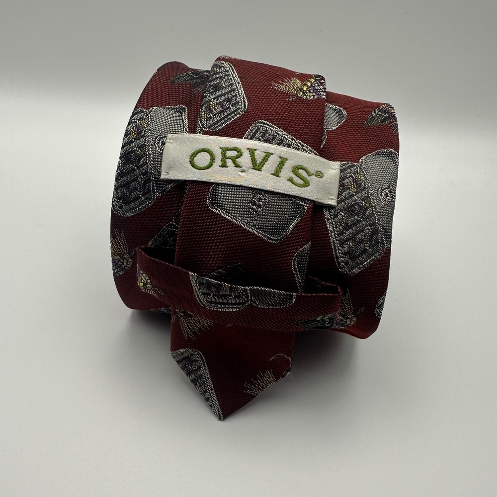 Orvis Silk Necktie Burgundy 3.75" Fly Fishing Tackle Box Mens Vintage USA